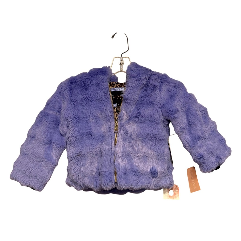 NWT Jessica Simpson Girls Periwinkle Faux Fur‎ Hooded Jacket Leopard Lining 3T